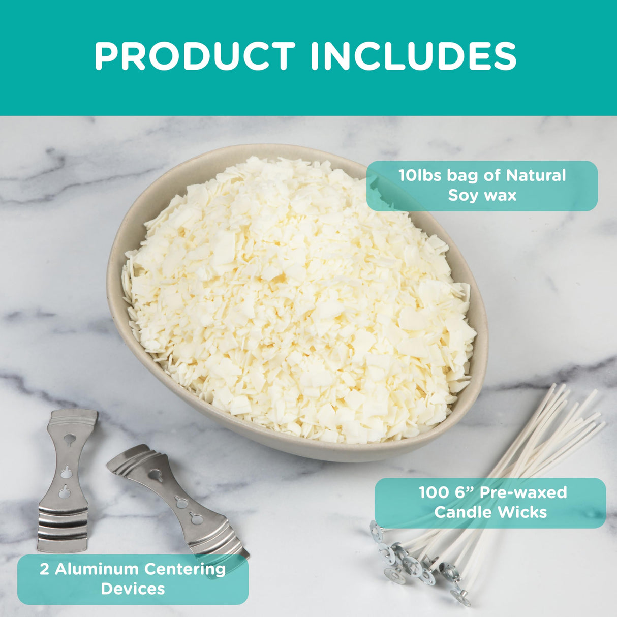 Hearts & Crafts Candle Wax - Soy Wax for Candle Making Kit - 10 lbs Wax Flakes, 100 Pieces 6-Inch Candle Wicks, 2 Metal Centering Devices - Soy Candle Wax Bulk and DIY Candle Making Supplies Hearts & Crafts