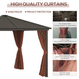 Outsunny 10' x 10' Hardtop Gazebo with Curtains and Netting, Permanent Pavilion Metal Single Roof Gazebo Canopy with Aluminum Frame and Hooks, for Garden, Patio, Backyard, Dark Brown Outsunny
