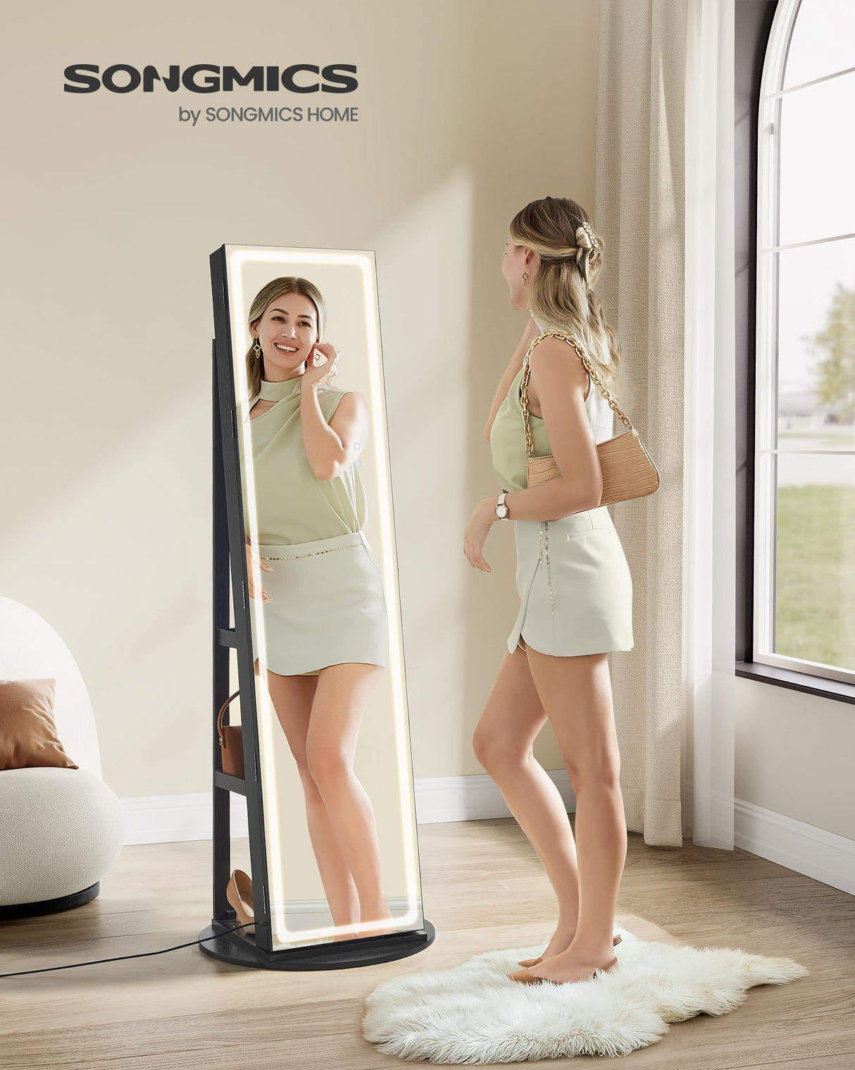 SONGMICS LED Mirror Jewelry Cabinet Standing, Lockable Jewelry Armoire with Full-Length Mirror and Adjustable LED Lights, Space-Saving Jewelry Organizer with Mirror, Gift Idea, Ink Black UJJC008B01 SONGMICS