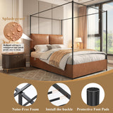 Canopy Bed Frame Queen Size with Upholstered Headboard, Tall Four Poster Metal Platform Bed, Easy to Assemble, No Box Spring Needed, Brown QNICE