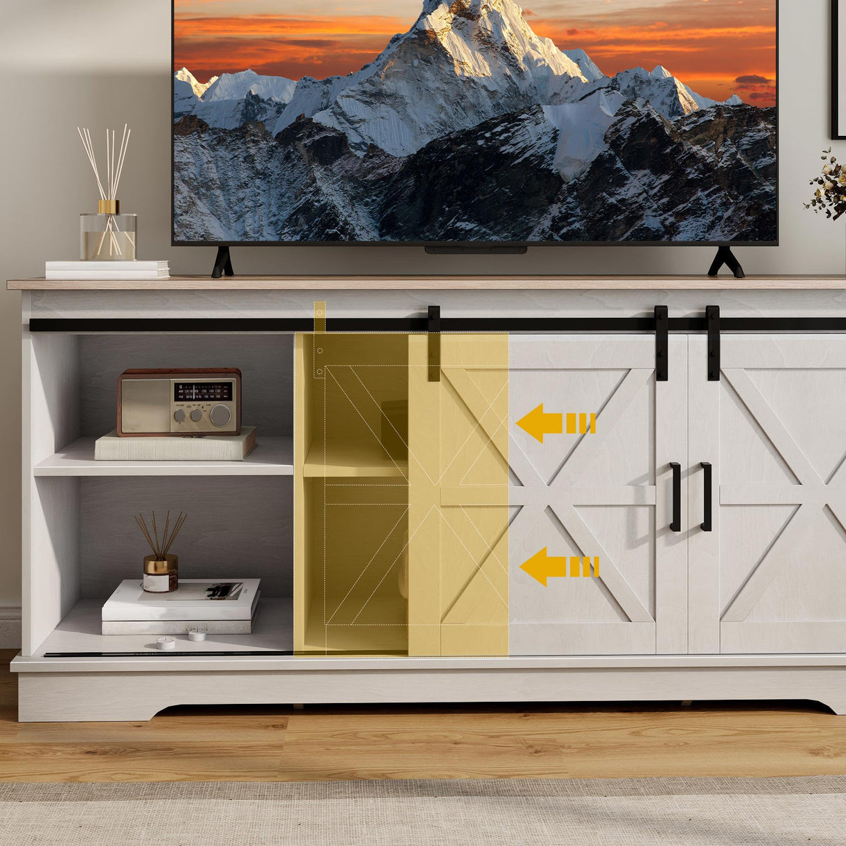 DWVO TV Stand for TVs up to 65 Inch, Farmhouse Entertainment Center with Storage Cabinets and Sliding Barn Doors, Rustic Media TV Console Table for Living Room, Grey White/Grey Wash DWVO