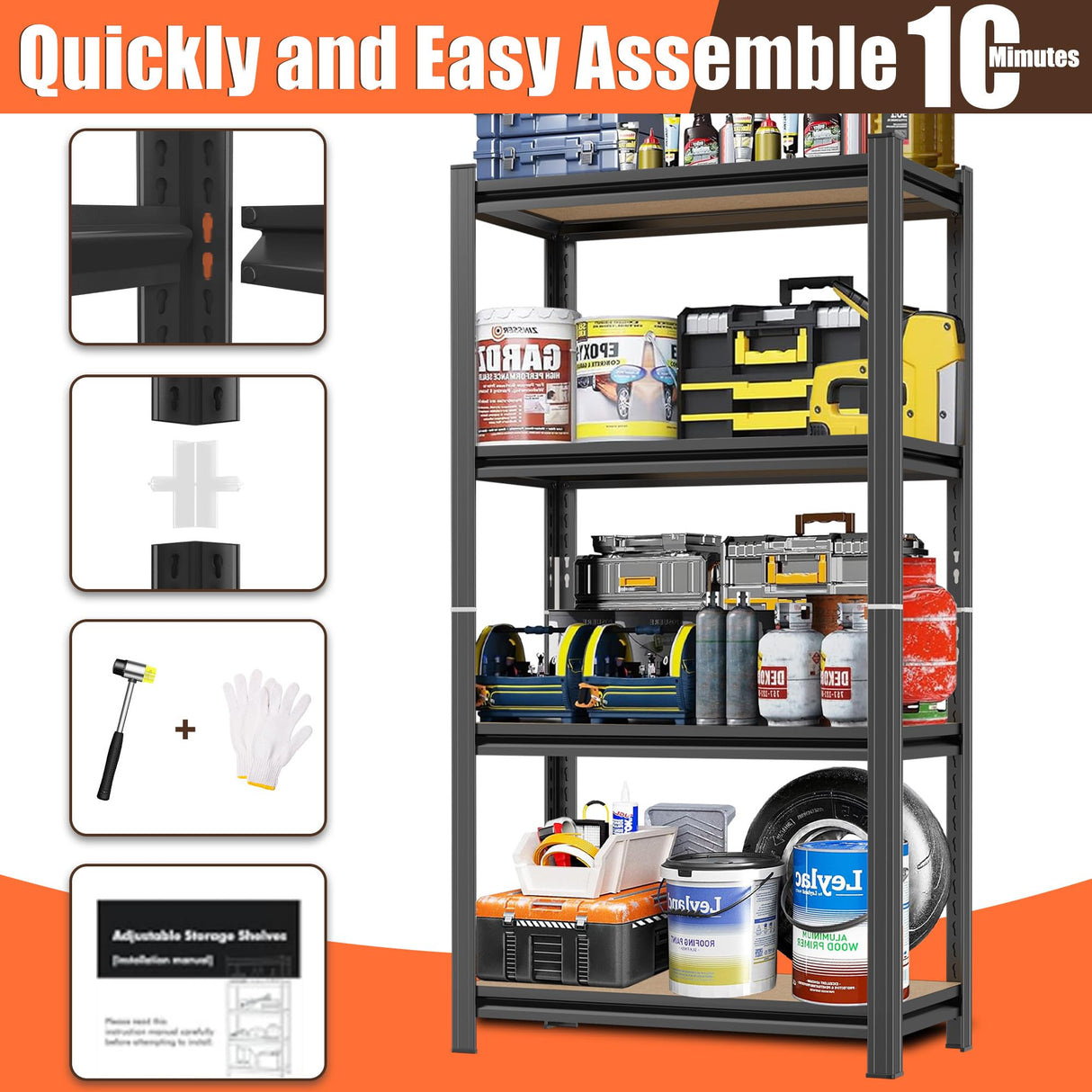 ErgoNova 4 Tier Garage Shelving Wood Storage Shelves 4000 lb Load Capacity Adjustabl Shelf Units 45.6" H*23.6" W*11.8" D Metal Shelving Suitable for Basement Warehouse Pantry,Black ErgoNova