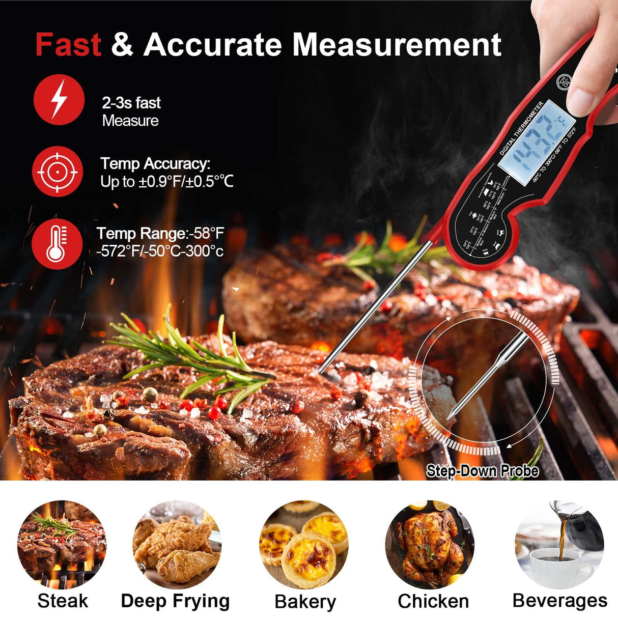 Meat Thermometer Digital for Grilling and Cooking - ANDAXIN Waterproof Ultra-Fast Instant Read Food thermometers with Backlight & Calibration for Kitchen, Deep Fry, BBQ, Grill(Red/Black), LCD ANDAXIN