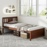 Giantex Mid Century Twin Bed Frame with Headboard in Walnut - Solid Wood Platform with Slat Support Giantex