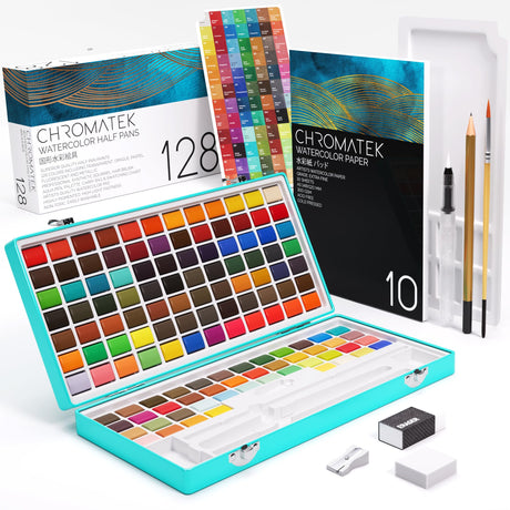 CHROMATEK Watercolor Paint Set, 128 Vivid Colors in Portable Box, With Pad, Brushes and Everything Else you Need to Start Painting, Travel Kit CHROMATEK