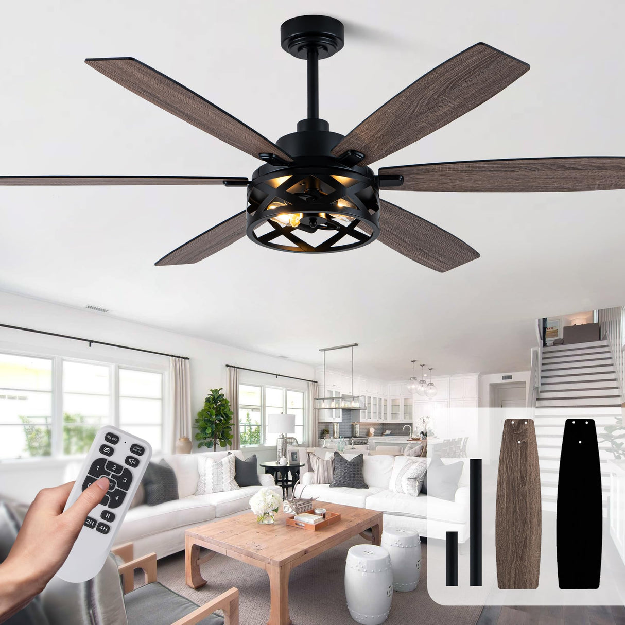 Curve Curio 60 Inch Farmhouse Ceiling Fan with Light and Remote Black Rustic Ceiling Fan Quiet and Reversible DC Motor Caged Chandelier Fan for Living Room Bedroom Curve Curio