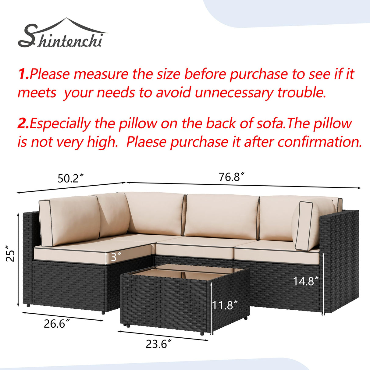 Shintenchi 5 Pieces Outdoor Patio Sectional Sofa Couch, Black PE Wicker Furniture Sets, Patio Conversation Sets with Washable Cushions Glass Coffee Table for Garden, Poolside, Backyard,(Khaki) Shintenchi