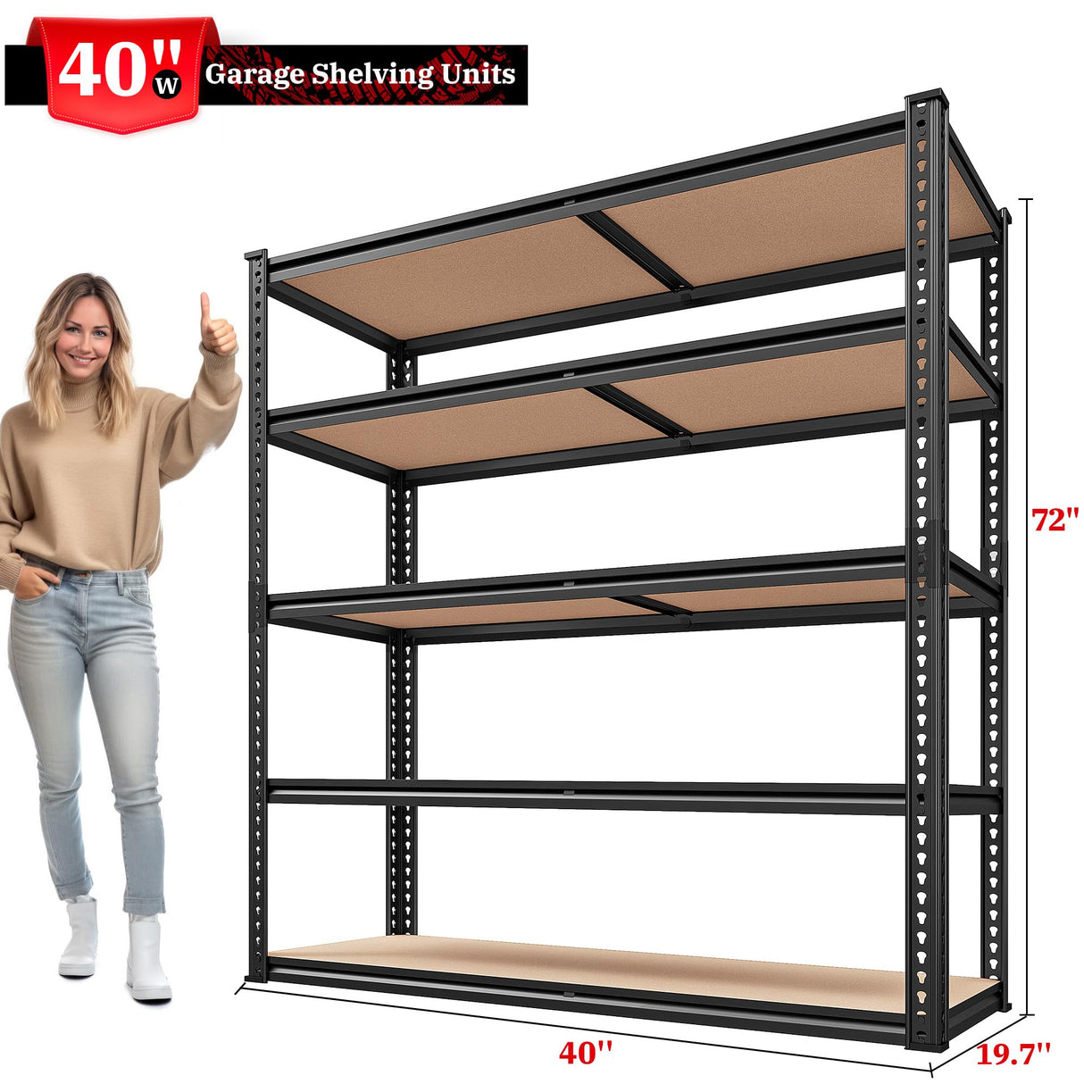 REIBII 72''H Garage Shelving 2500LBS Storage Shelves Heavy Duty Shelving 5 Tier Metal Shelves for Garage Shelves Adjustable Shelving Units and Storage for Closet Pantry Shelf, 72" H x 40" W x 20" D REIBII
