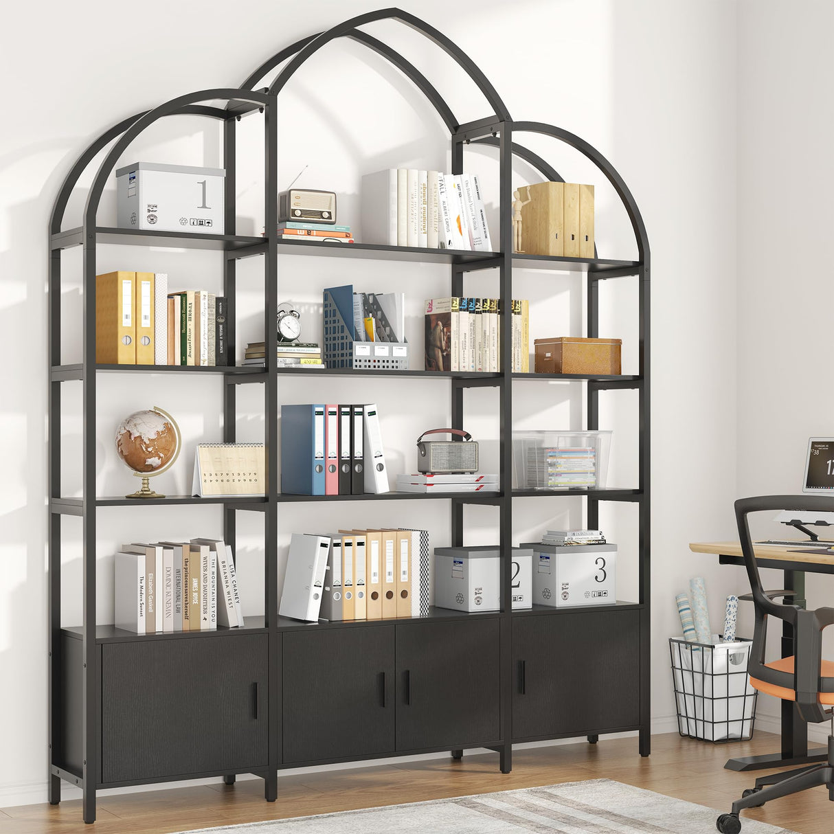 Nosepen Triple Wide 5 Tier Tall Arched Bookshelf and Bookcase with 3 Cabinets, Industrial Metal Etagere Open Bookshelf, Wood Standing Book Shelf with Black Metal Frame for Bedroom Living Room Nosepen