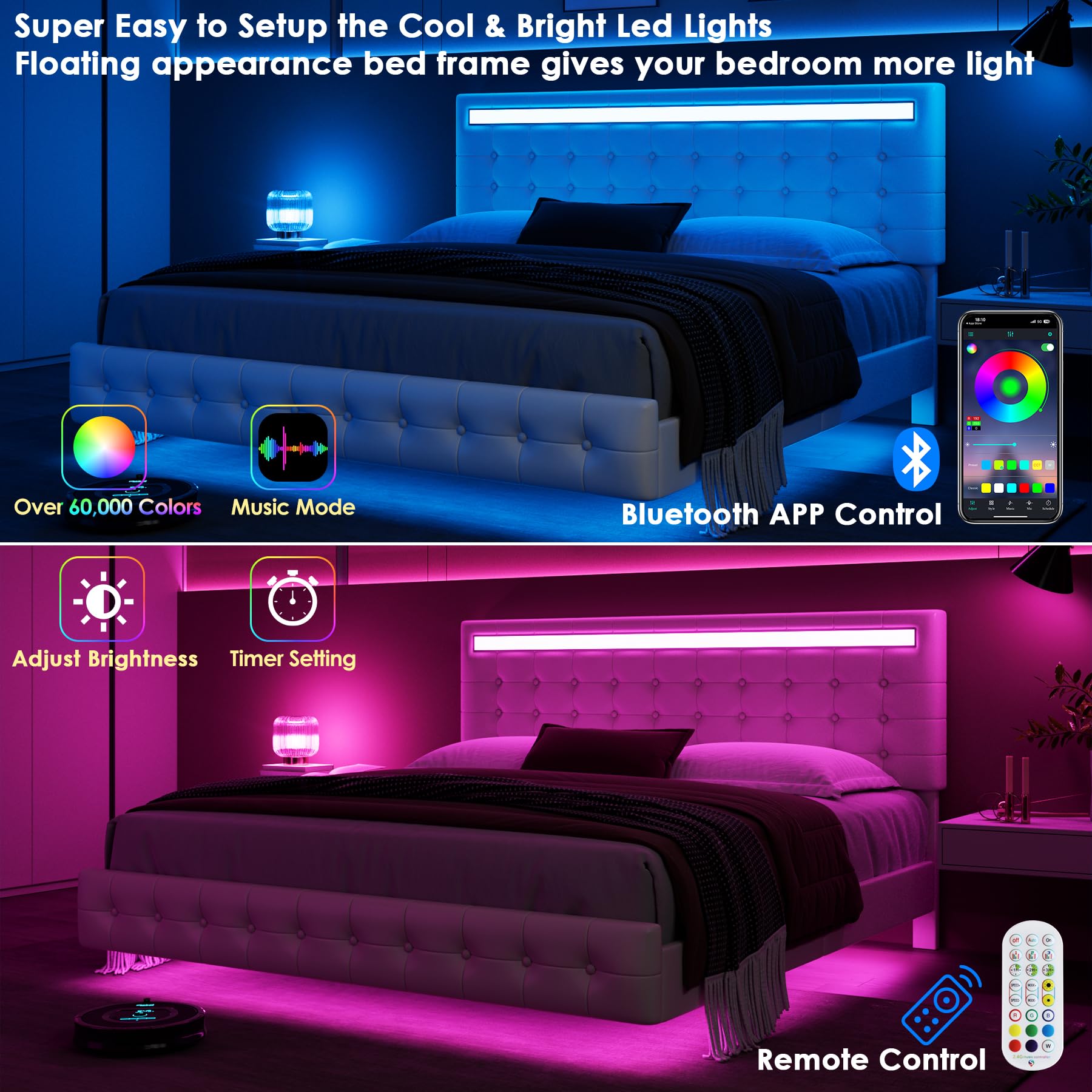 Keyluv Floating King Bed Frame with LED Lights and Adjustable Headboard in White - WoodArtSupply