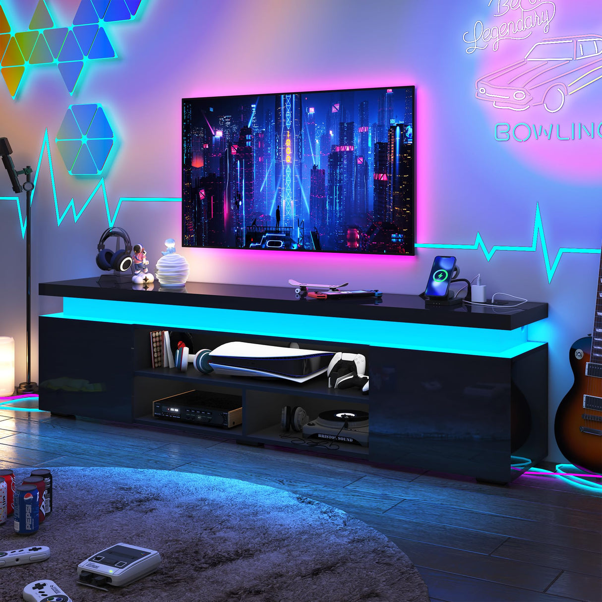 LED TV Stand for 85 Inch TV, Modern Gaming TV Stand with Power Outlet, High Gloss TV Console Entertainment Center with Storage for Living Room, Bedroom (74 Inch, Black) Hlivelood