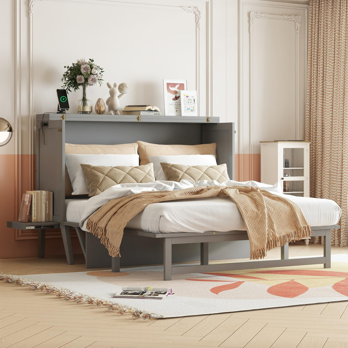 KEIKI Queen Size Murphy Bed with USB Port and Removable Shelves on Each Side, Solid Pine Murphy Cabinet Bed for Home Office, Guest Room,Grey KEIKI