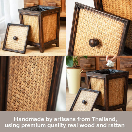 Primo Supply Rattan 7L Trash Can - Hand Woven Brown Square Garbage Bin with Lid - Small Wooden Bathroom Kitchen Decorative Waste Basket Primo Supply