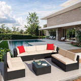 Greesum Patio Furniture Sets 9-Pieces Outdoor PE Rattan Sectional Sofa with Thickened Cushions and Glass Coffee Table,Beige Greesum