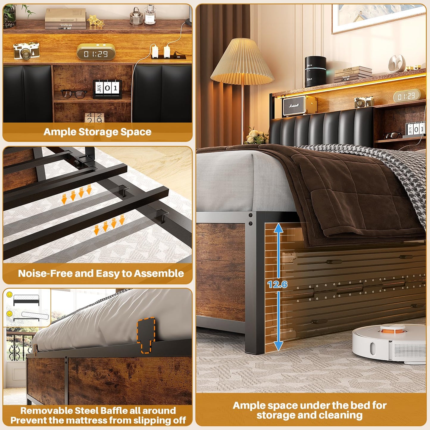 Aheaplus King Size Bed Frame with Charging Station, LED Lights & Leather Headboard in Rustic Brown - WoodArtSupply