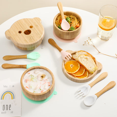 Baby Bowls with Lid,HBM Bamboo Suction Bowls for Baby and Spoon Set,3PC Feeding Supplies Set for Infant, Toddlers,Detachable Silicone Suction Stay Put Base for Wooden Bowl （Marble） HI BABY MONMENT