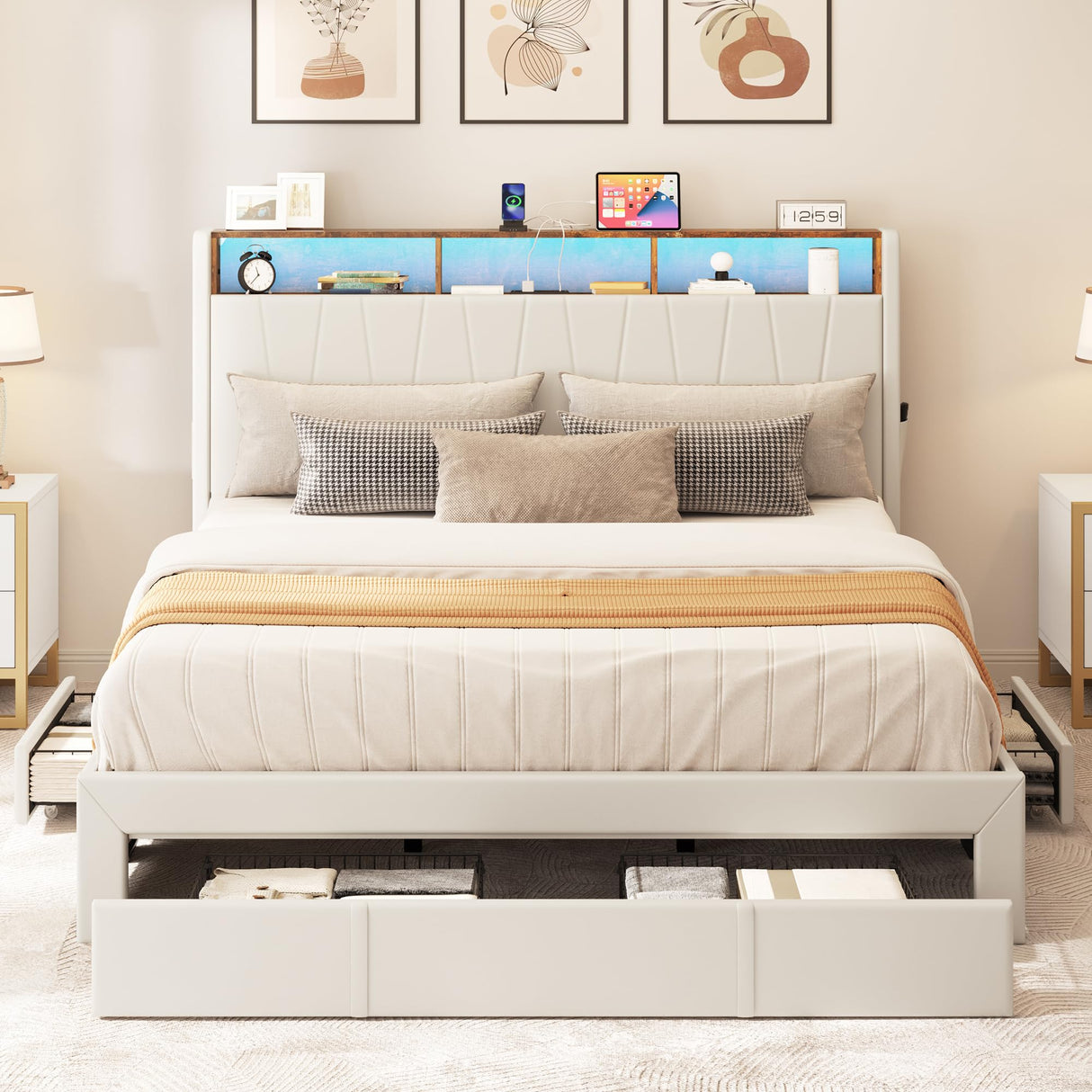 YITAHOME King Size Bed Frame, Storage Bed Frame with 4 Drawers & LED Light, Platform Bed with Storage Upholstered Headboard and Charging Station, No Box Spring Needed, Easy Assembly, Beige YITAHOME