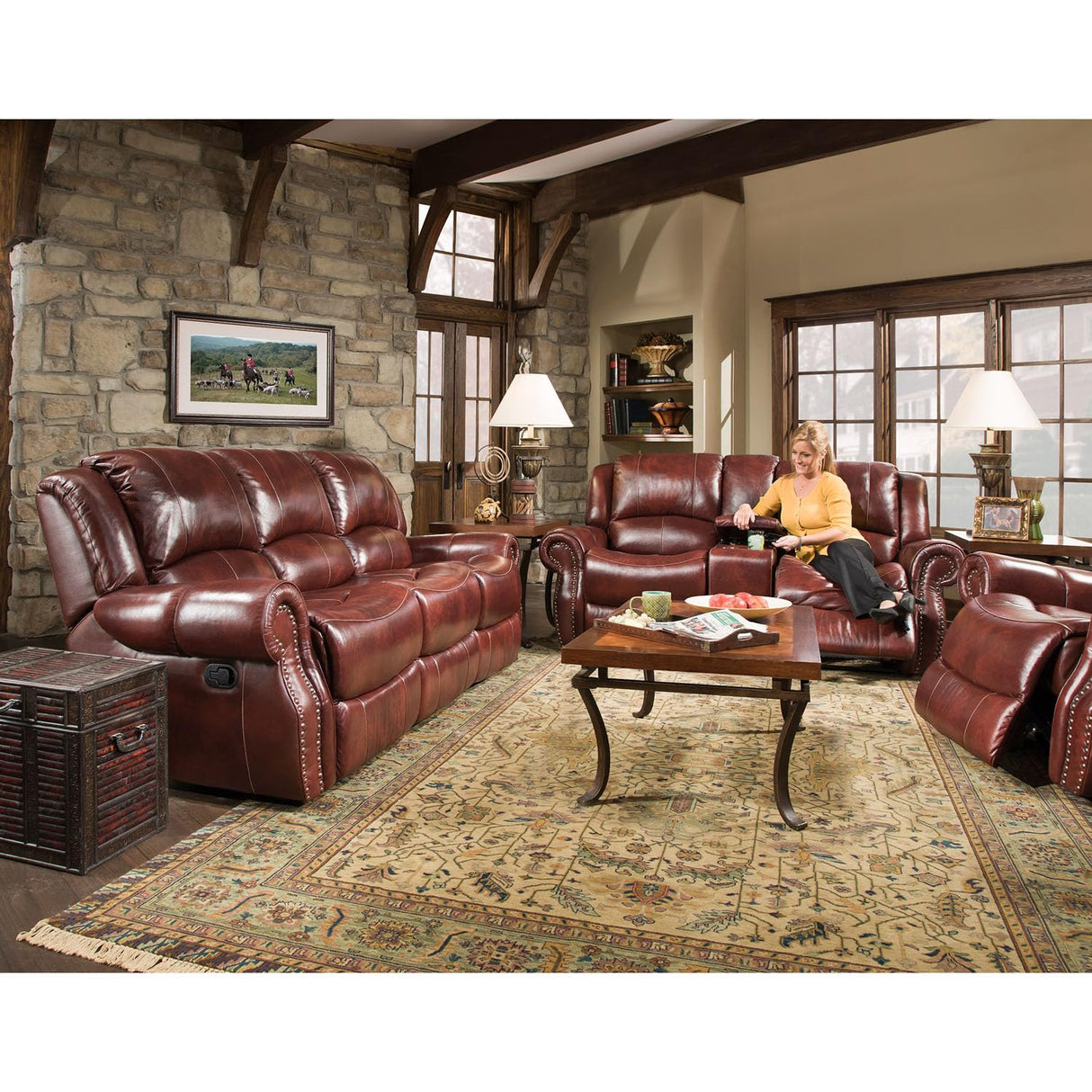 Cambridge Telluride Indoor Double Reclining Couch for Living Room, Family Room, or Man Cave, 100% Genuine Oxblood Leather, Space Saving Modern Rustic Sofa, Deep Seating Couches for Living Room CAMBRIDGE
