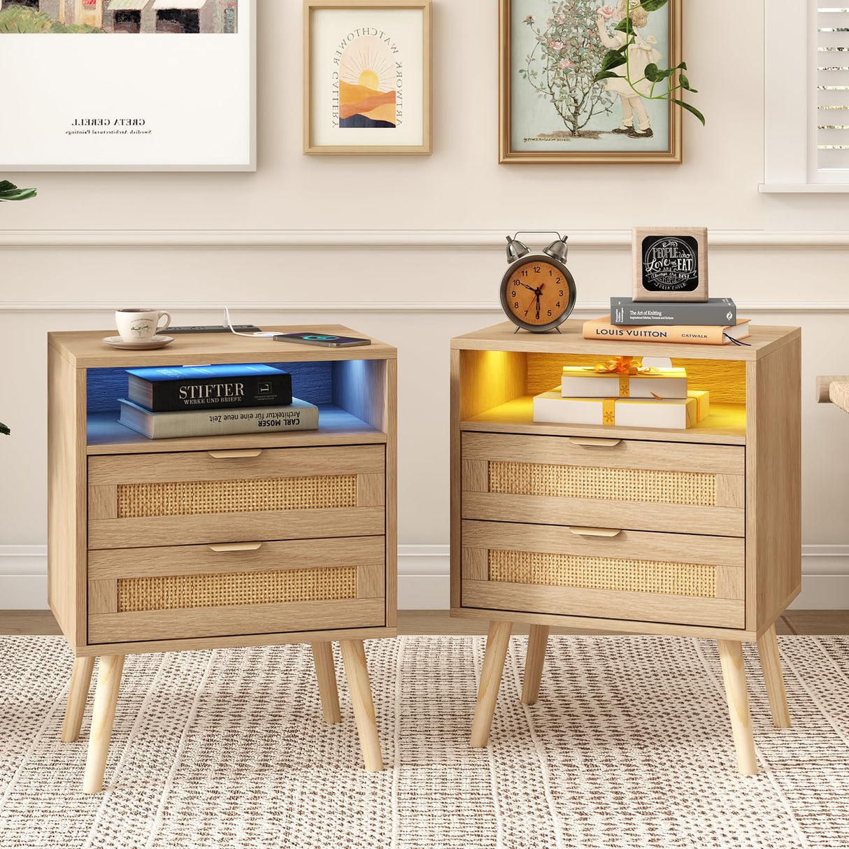 Halitaa Rattan Nightstands Set of 2 with Charging Station and Led Lights, End Tables with 2 Drawers and Wood Legs, Bedside Tables Night Stands for Bedrooms, Side Tables Living Room (2 Pack) Halitaa
