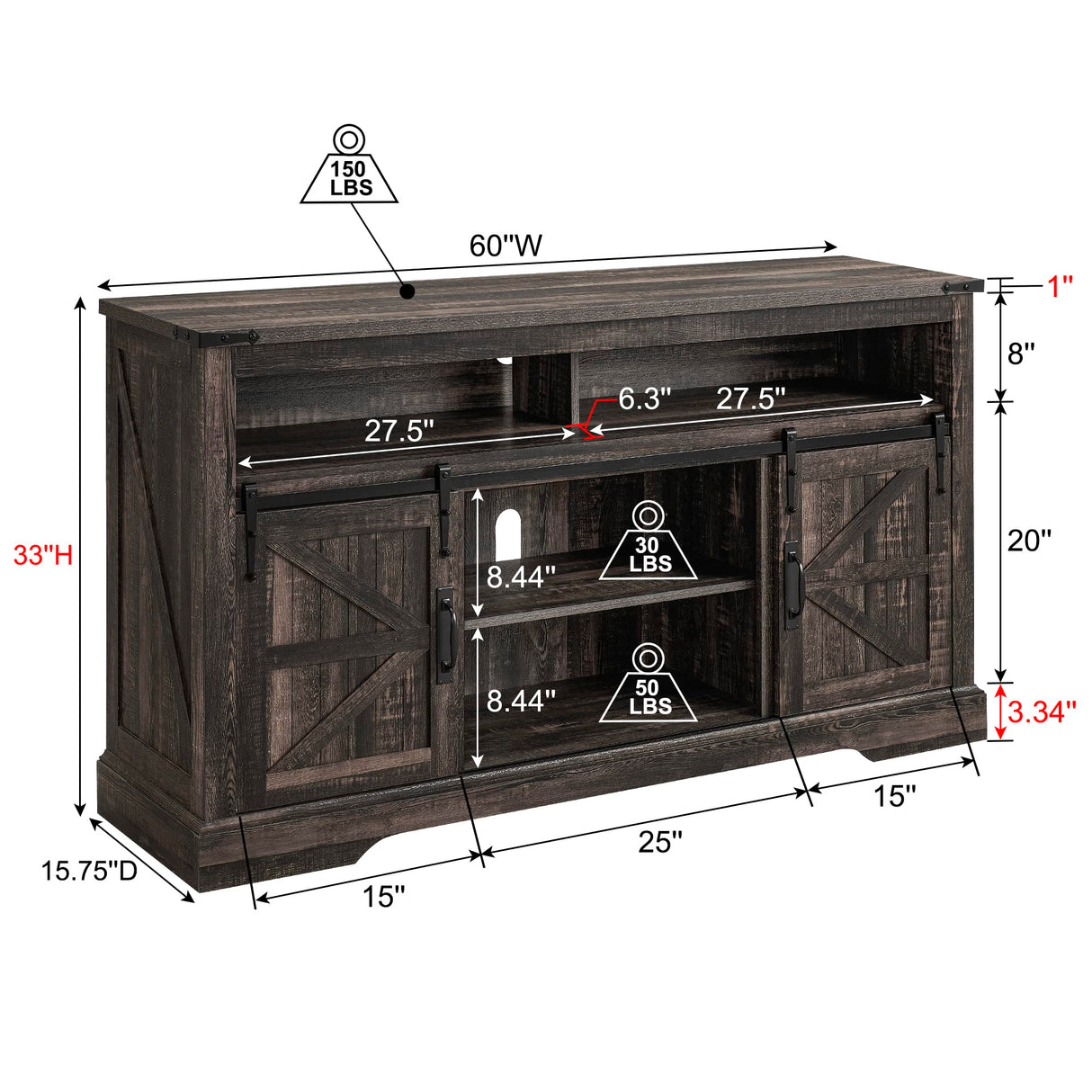 OKD Farmhouse TV Stand for 65+ Inch TV, 33" Tall Highboy Entertainment Center w/Sliding Barn Door, Rustic Media Console w/Storage Shelves, Wood Television Stand for Living Room, Dark Rustic Oak OKD