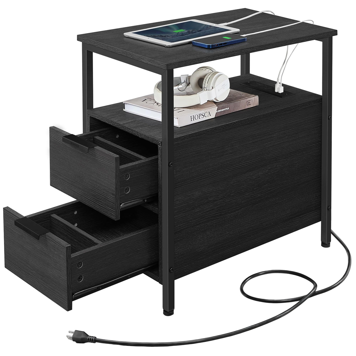 VASAGLE Side Table with Charging Station, Narrow End Table with 2 Drawers, Slim Nightstand and Bedside Table with Storage, for Small Spaces, Black ULET321B22 VASAGLE