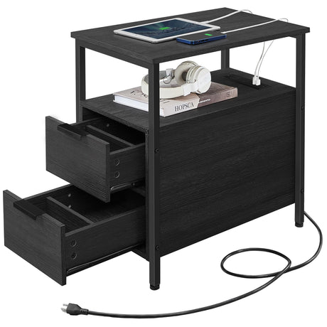 VASAGLE Side Table with Charging Station, Narrow End Table with 2 Drawers, Slim Nightstand and Bedside Table with Storage, for Small Spaces, Black ULET321B22 VASAGLE