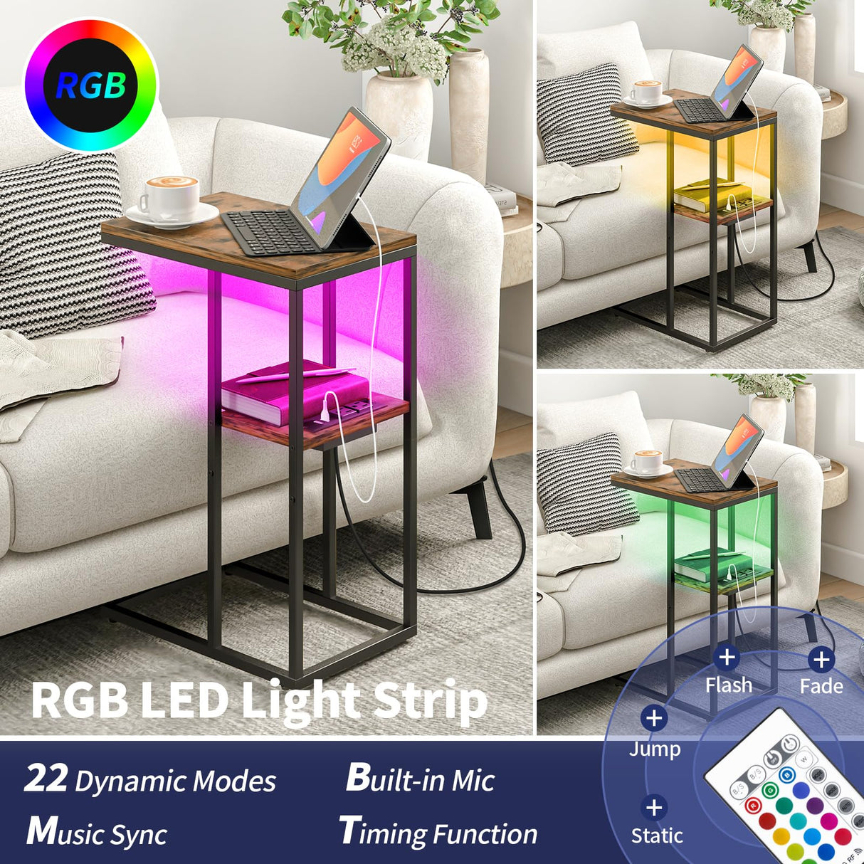 Yoobure LED C Shaped End Table with Charging Station, Small Side Tables for Living Room Bedroom, TV Tray Table with USB Ports and Outlets for Small Spaces, C Table for Couch Sofa, Bed Side Table Yoobure