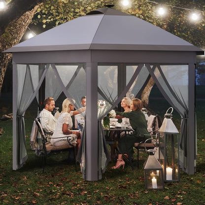 Outsunny 11' x 13' Pop up Gazebo with Netting & Solar LED Lights, Instant Portable Gazebo Shelter, Hexagonal Outdoor Canopy Tent Screen House Room with Carry Bag, Gray