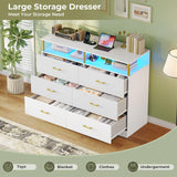 AOGLLATI White Dresser for Bedroom with Column Design, Charging Station, Modern 6 Drawer Wide Led Dresser for Bedroom,White AOGLLATI