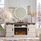 OKD 70" Fireplace TV Stand for 75+ 80 Inch TV, Farmhouse Highboy Entertainment Center with 30" Electric Fireplace & Sliding Barn Doors, Rustic Tall Media Console Cabinet for Living Room, Antique White OKD