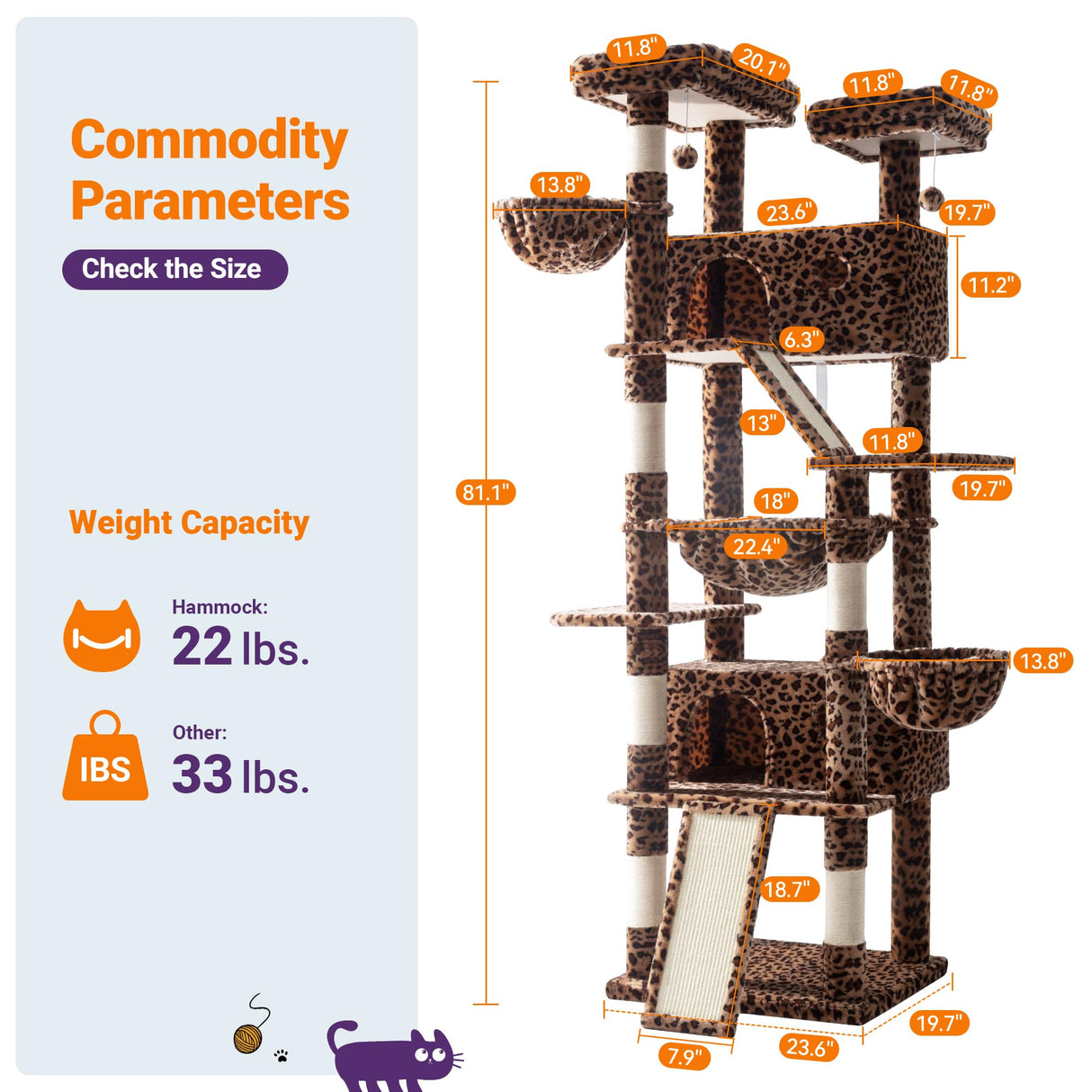 Allewie 81 Inches Tall Cat Tree/Multi-Level Large Climbing Tree House and Towers for Big Feline/Condo and Hammock/Scratching Post/Wide Base/Leopard Print Allewie