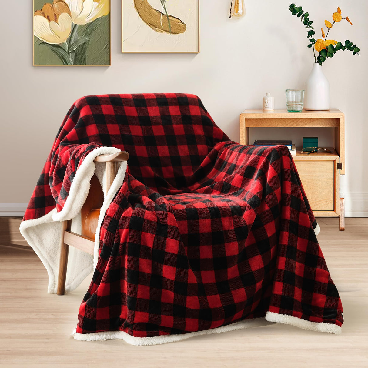 BEAUTEX Christmas Sherpa Fleece Throw Blanket, Super Soft Warm Buffalo Plaid Plush Blankets and Throws, Warm Winter Cozy Fuzzy Blanket for Couch Sofa Bed (Red, 50" x 60") BEAUTEX