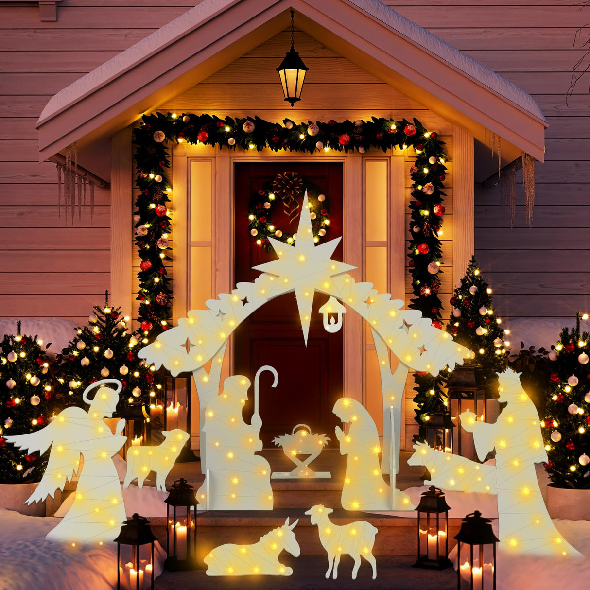 Soaoo Outdoor White Nativity Scene with 2 String Lights Silhouette Yard Sign Display Water Resistant PVC Large Holy Family Yard Nativity Scene Christmas Decor for Xmas Front Lawn Soaoo