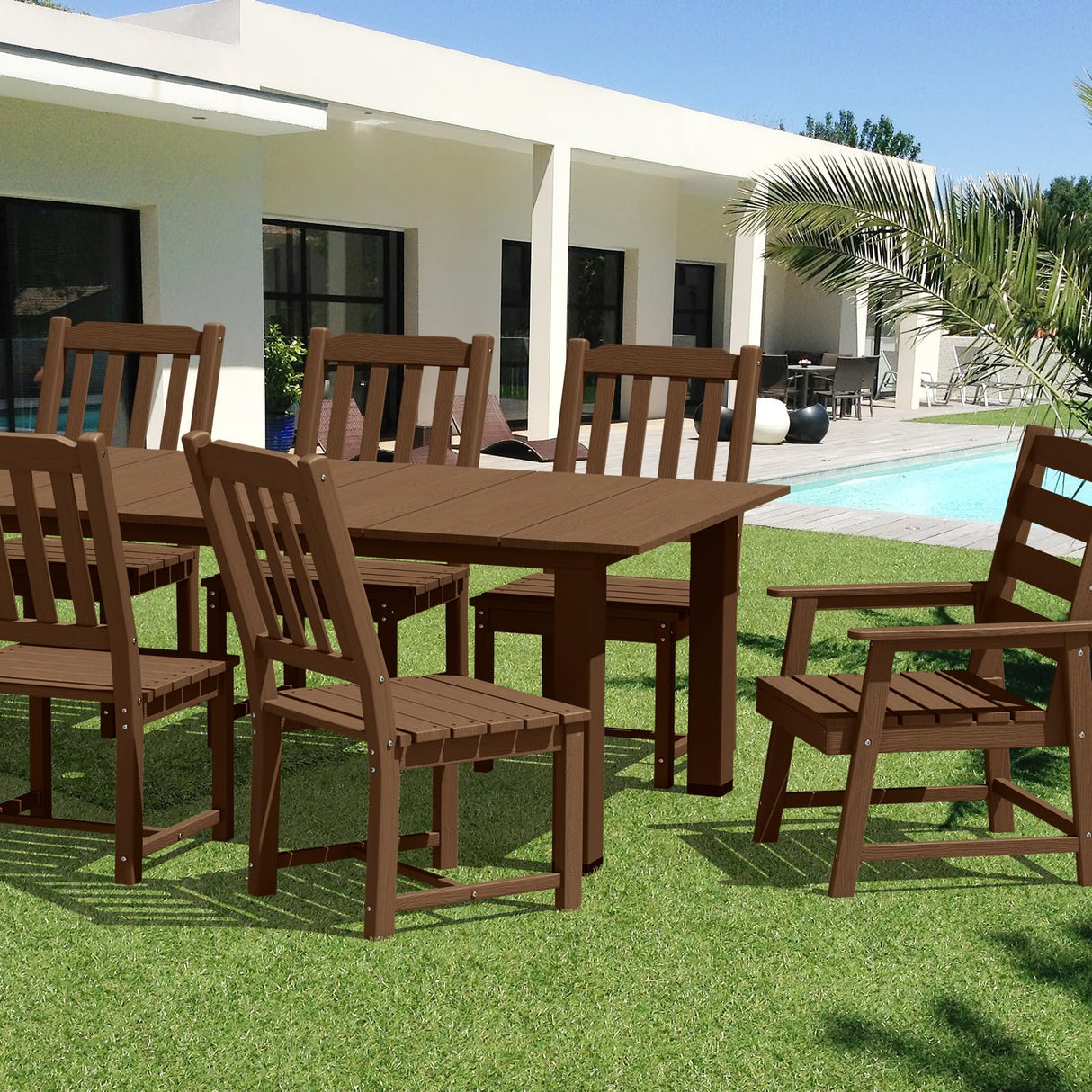LOUNZY 9 Pieces Patio Dining Sets, Outdoor HDPE Furniture Set for 8 w/ 2" Hole Cut-Out Dining Table with 8 Patio Chairs(2 W/Armrest, 6 w/o Armrest), Brown LOUNZY