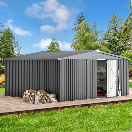 AECOJOY Shed 14' x 12' Storage Shed, Outdoor Metal Storage Sheds & Outdoor Storage 12x14 with Lockable Doors, Large Steel Yard Shed, Utility Tool Storage for Garden, Patio, Outside use in Dark Grey AECOJOY