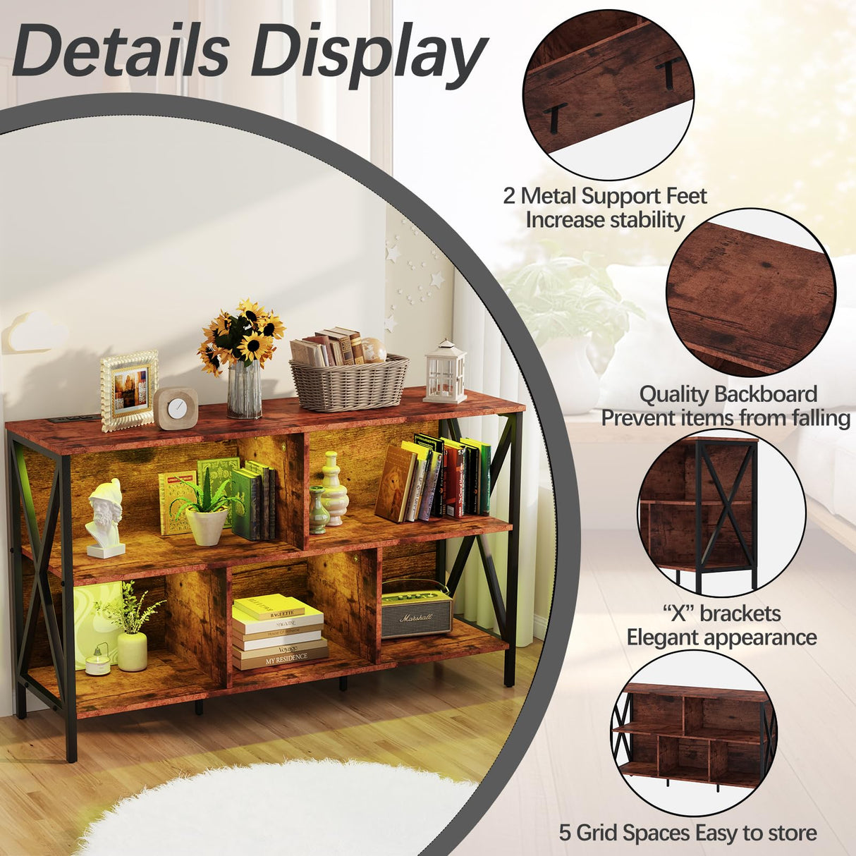 Horizontal Bookshelf,Industrial Modern 5 Cube Low Wide Cubby Bookcase with led Light,Long Wood and Metal Storage Organizer Open Shelf, Book Shelf Bedroom Storage for Home Office Living Room(Brown) Adompacat