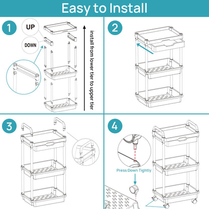 Vtopmart 3-Tier Rolling Utility Cart with Drawer, Plastic Storage Cart Trolley with Lockable Casters, Multifunctional Storage Basket Organizer Shelves, Easy Assemble for Bathroom, Kitchen