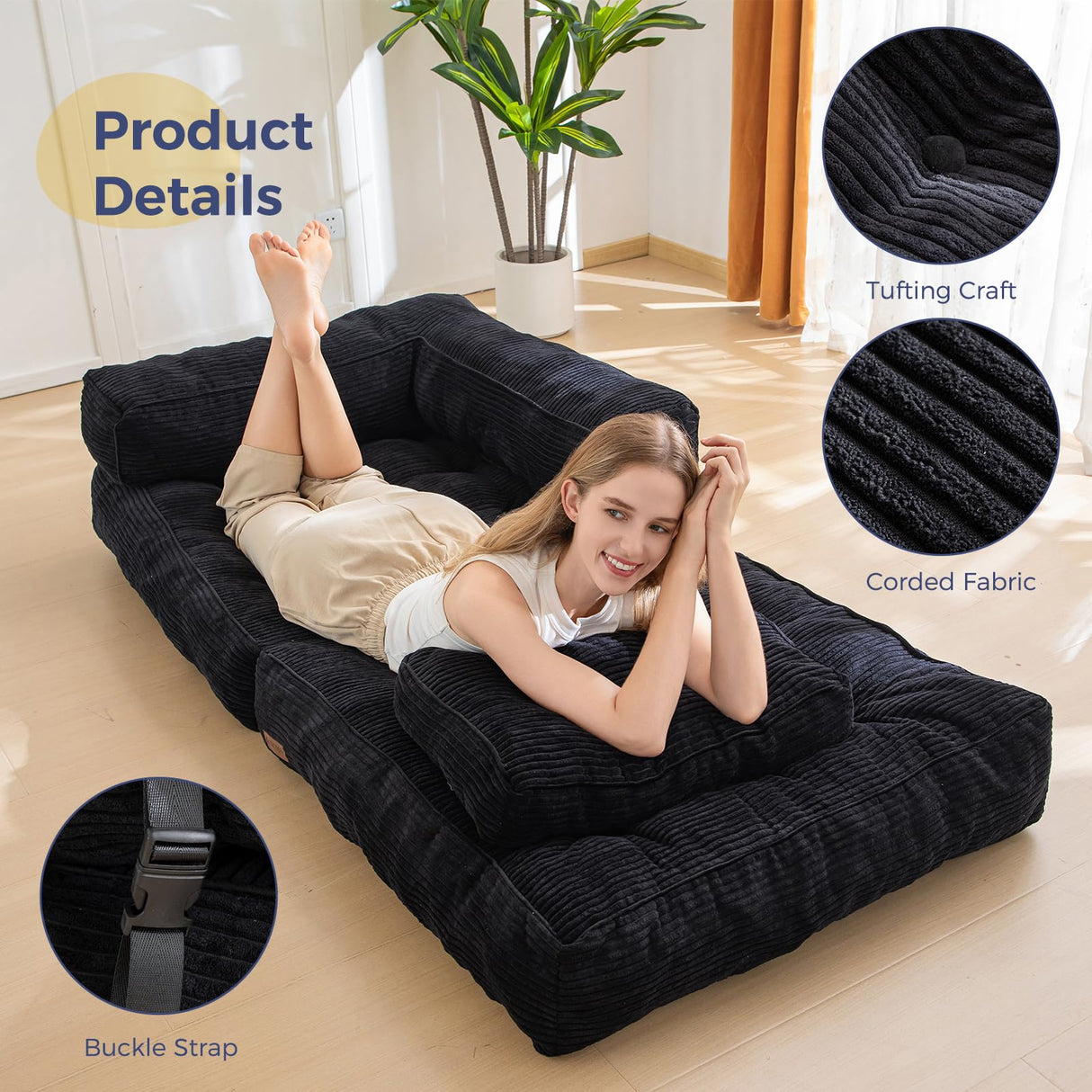 MAXYOYO Folding Sofa Bed, L-Shaped Convertible Sofa with Armrest Foldable Sleeper Bed with Pillow, Comfy Floor Lounge for Living Room Bedroom, Black MAXYOYO