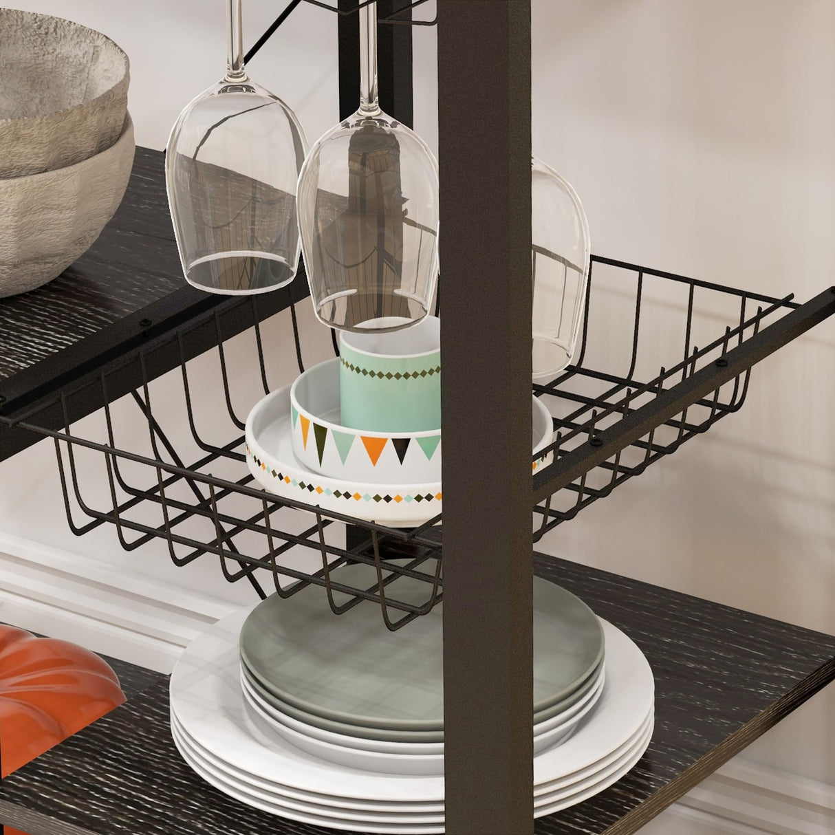 HOMCOM Bakers Racks with Power Outlet and LED Lights, Coffee Bar Table for Kitchens with Storage, Microwave Stand with Glass Holders, Kitchen Storage Shelf Rack with Multiple Shelves, Gray HOMCOM