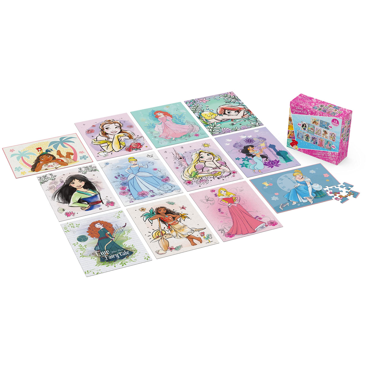 Spin Master Games, Disney Princess, 12-Puzzle Pack with 48-Piece, 63-Piece, & 100-Piece Disney Puzzles for Kids, Christmas Gifts for Kids, for Ages 4+ Spin Master Games
