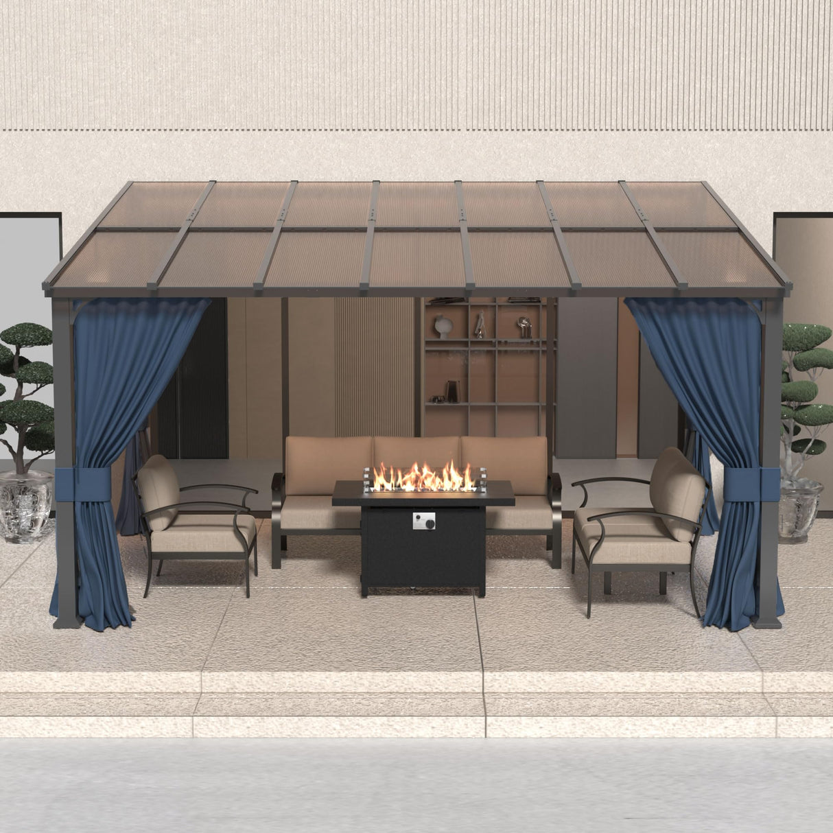 RTDTD 10' x 14' Gazebo，Hard Top Lean to Gazebo Wall Mount Heavy Hardtop Gazebo Outdoor Pergola with Curtains and Netting for Patio Garden Lawn Backyard Deck (Navy) RTDTD