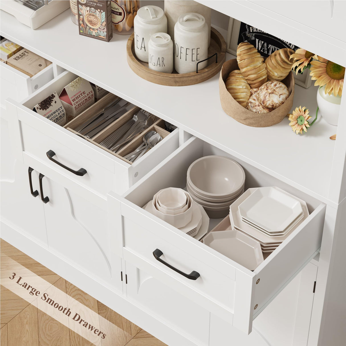 HITHOS 76" Tall Kitchen Pantry Storage Cabinet, 55“ Wide Kitchen Hutch Cabinet with Storage Drawers, Large Food Pantry with Microwave Stand, Modern Cupboard with Hutch for Dining Living Room, White HITHOS