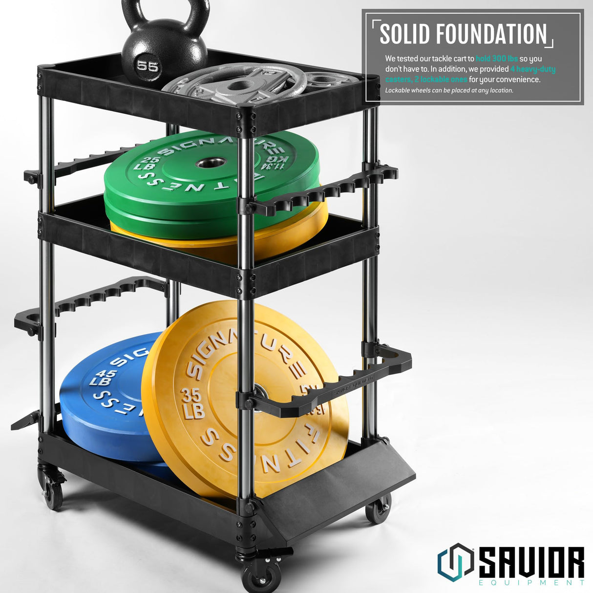 Savior Equipment Mobile Tackle Station Pro 16 Fishing Rod Holder Cart w/Wheels, Adjustable Rack For Different Rod & Reel, 3-Level Fishing Gear Storage Pole Organizer For Garage Home Indoor Use, Black Savior Equipment