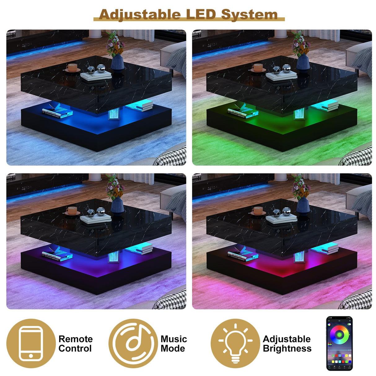 jiteentarou 33.9" LED Coffee Table with Storage, Modern High Glossy Living Room Table w/2 Drawers,Double-Layer Design Large Square Center Table for Living Room, Home, Office, Black Marble jiteentarou
