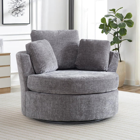 Deolme 42" W Modern Grey Swivel Barrel Chair with 360° Round Metal Base & Soft Chenille Pillows & Thick Cushion, Comfy Oversized Chaise Longue Indoor Living Room, Bedroom Club Reading Armchair (Gray) Deolme