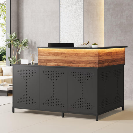 Condemo L-Shaped Reception Desk with LED Lights, 60 inch Modern Front Desk, Checkout Counter Table for Office, Lobby, Cafe, Beauty Salon, Black and Walnut Condemo