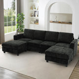 Lesofair 110" Chenille Sectional Sofa with Movable Ottomans, Modular U-Shape Couch with Cup Holders, Convertible 4 Seater Sofa with Well-Filled Backrest Cushions for Living Room, House, Black Lesofair