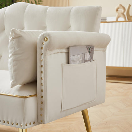 hansones 55-Inch Modern Velvet Loveseat Sofa with Gold Metal Legs & Side Pockets, Tufted Backrest, Perfect for Living Room, Bedroom, or Office (Modern Beige) hansones