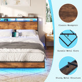 AMERLIFE Full Size Floating Bed Frame with LED Storage Headboard & Charging Station in Rustic Brown AMERLIFE