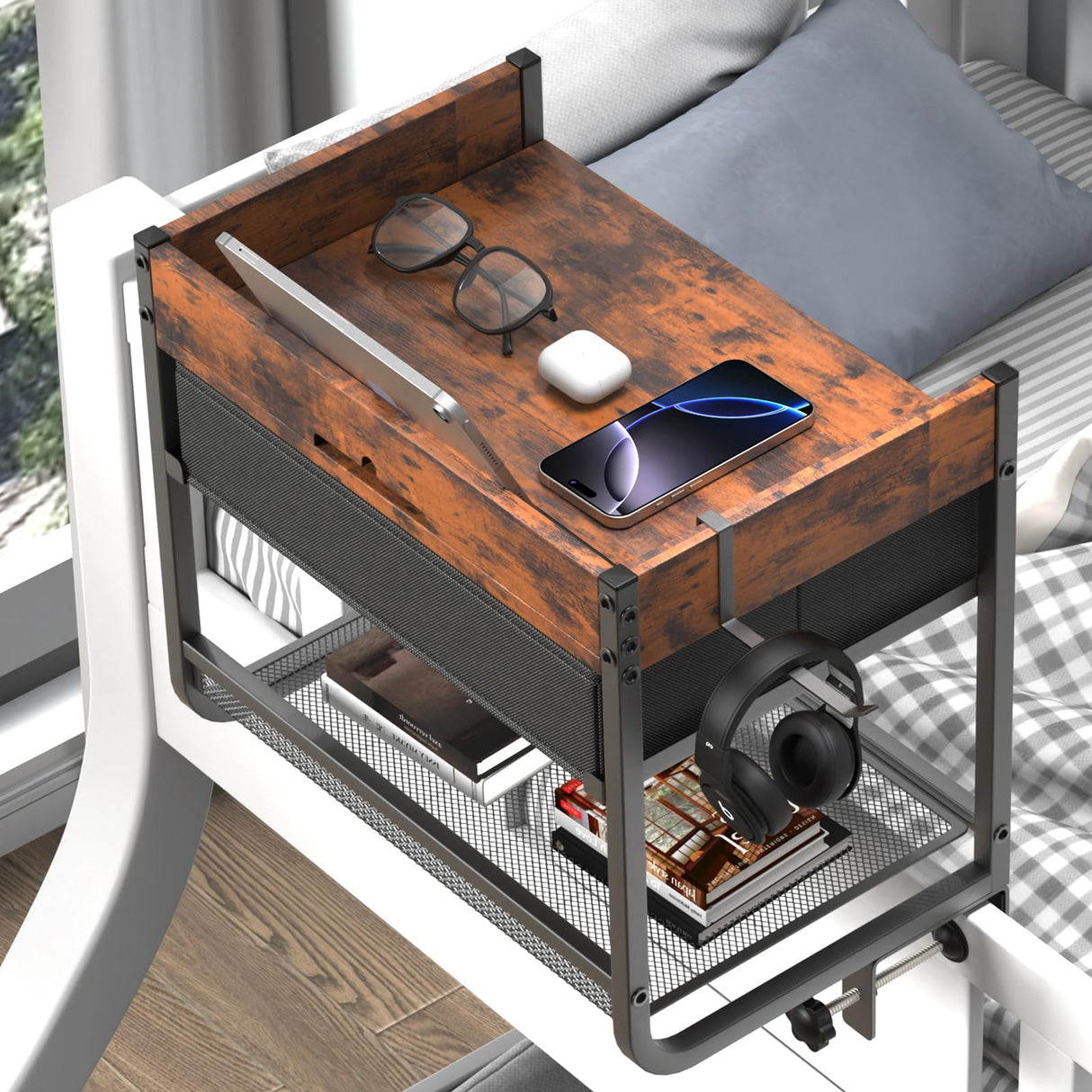 Housolution 2 Tier Bedside Shelf for Top Bunk & Loft Beds, Bunk Bed Shelf with Fabric Drawer, Tablet Slot,Clip on Nightstand for College Dorm Rooms, Small Apartments, Bedrooms with Limited Space Housolution